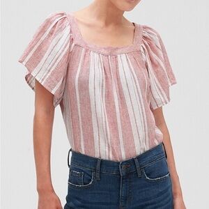 Banana Republic Red & White Striped Linen Blouse Top Large Flutter Sleeve
